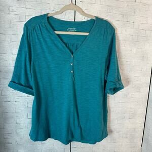 Chico’s women’s T-shirt Henley cuff sleeve teal feminine cozycore normcore